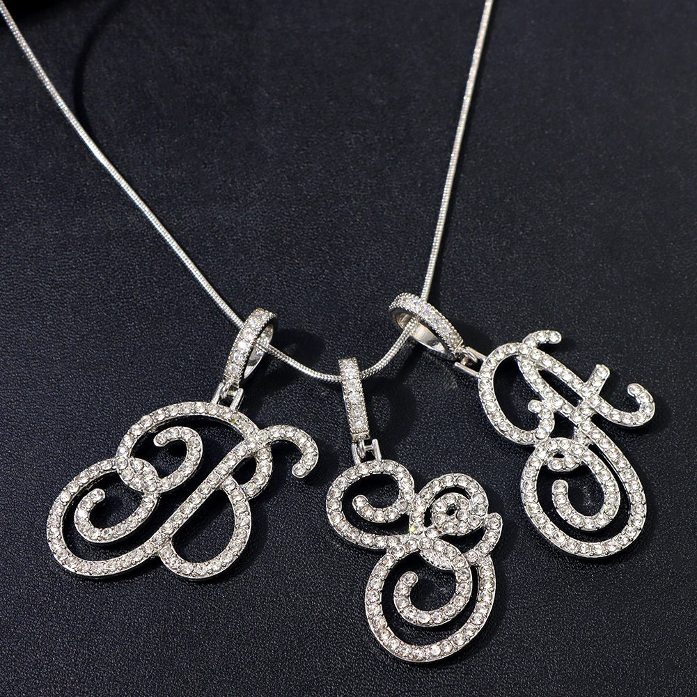Hot A-Z Initial Cursive Letters Pendant Necklace for Women Gold Silver Color Shiny Rhinestone Metal Chain Necklace Jewelry Gift
