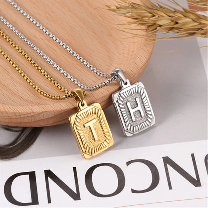 Punk Initial Letter Necklace Gold Color Stainless Steel Rope Suqare Chain Alphabet Name A-Z Pendant for Women Jewelry Gift
