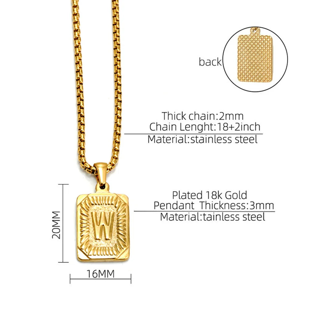 Punk Initial Letter Necklace Gold Color Stainless Steel Rope Suqare Chain Alphabet Name A-Z Pendant for Women Jewelry Gift