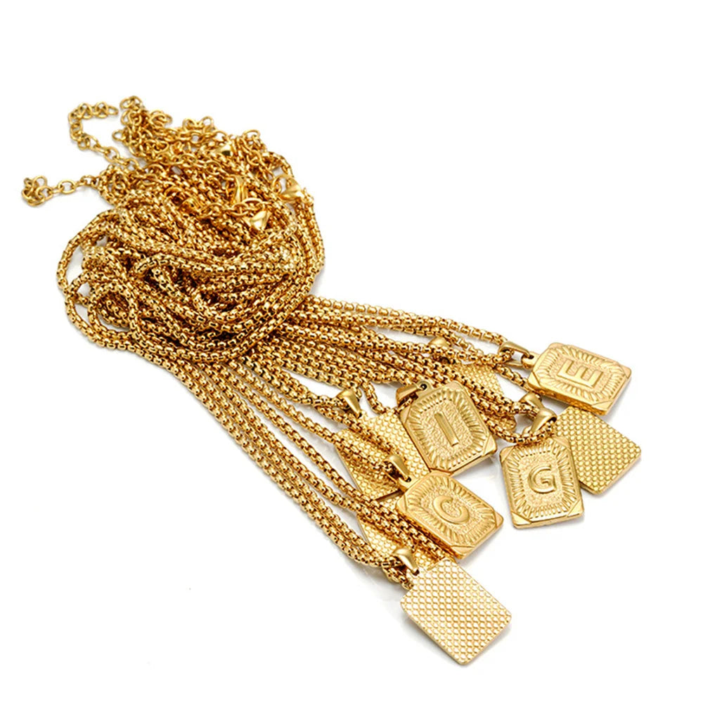 Punk Initial Letter Necklace Gold Color Stainless Steel Rope Suqare Chain Alphabet Name A-Z Pendant for Women Jewelry Gift