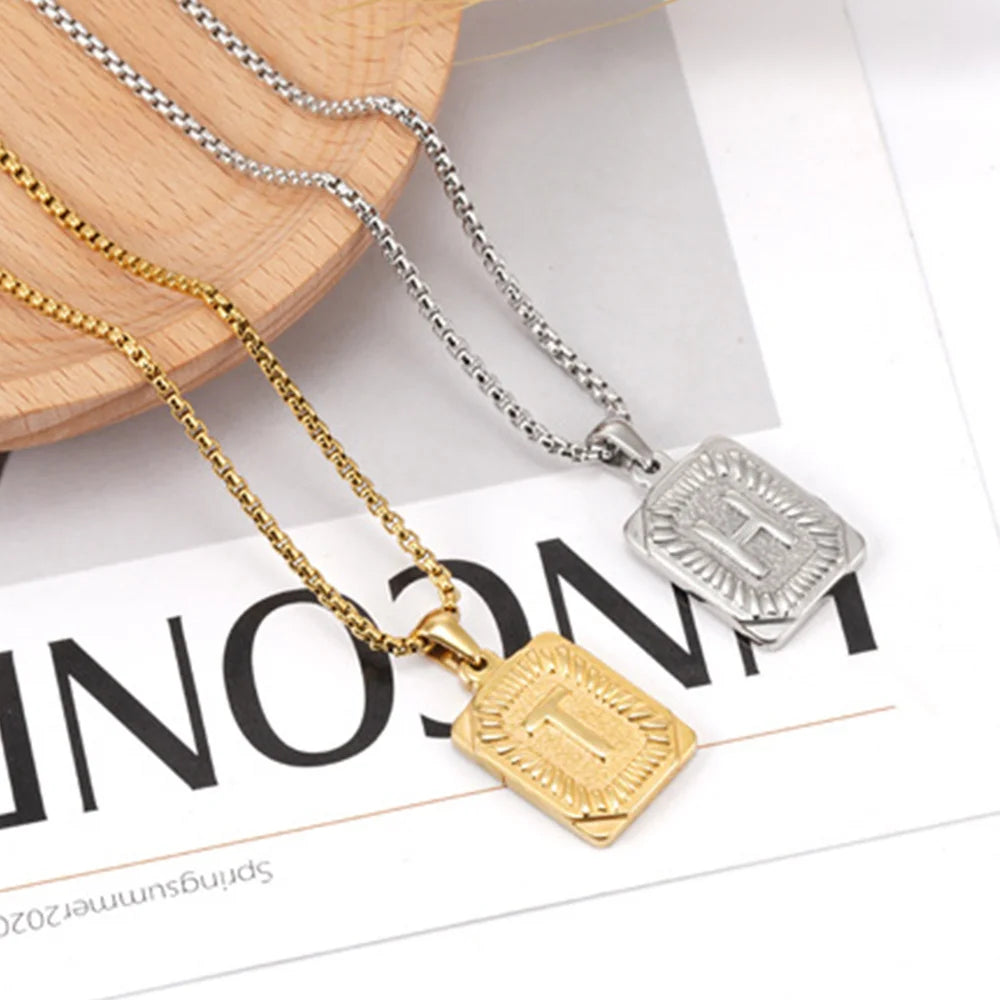 Punk Initial Letter Necklace Gold Color Stainless Steel Rope Suqare Chain Alphabet Name A-Z Pendant for Women Jewelry Gift