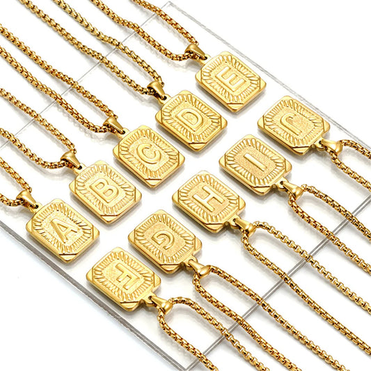 Punk Initial Letter Necklace Gold Color Stainless Steel Rope Suqare Chain Alphabet Name A-Z Pendant for Women Jewelry Gift
