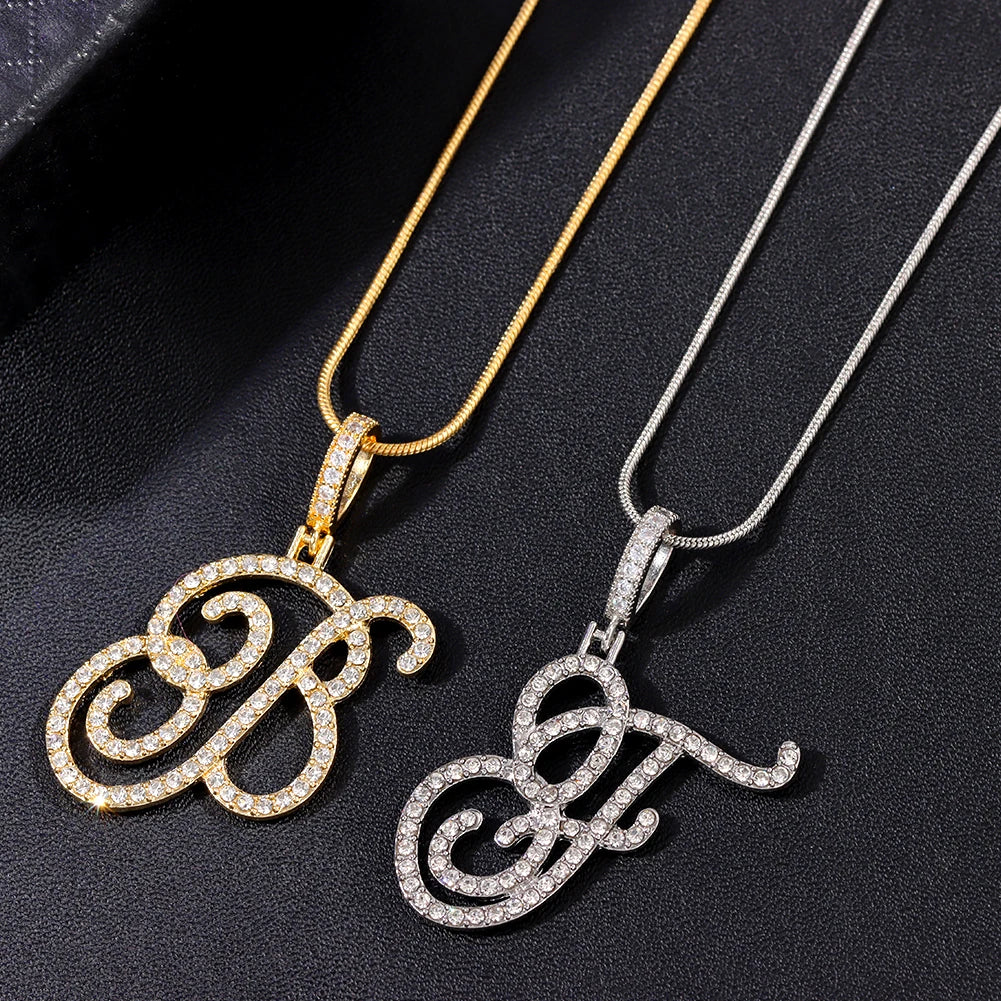 Hot A-Z Initial Cursive Letters Pendant Necklace for Women Gold Silver Color Shiny Rhinestone Metal Chain Necklace Jewelry Gift