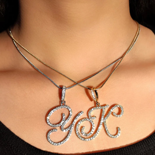 Hot A-Z Initial Cursive Letters Pendant Necklace for Women Gold Silver Color Shiny Rhinestone Metal Chain Necklace Jewelry Gift