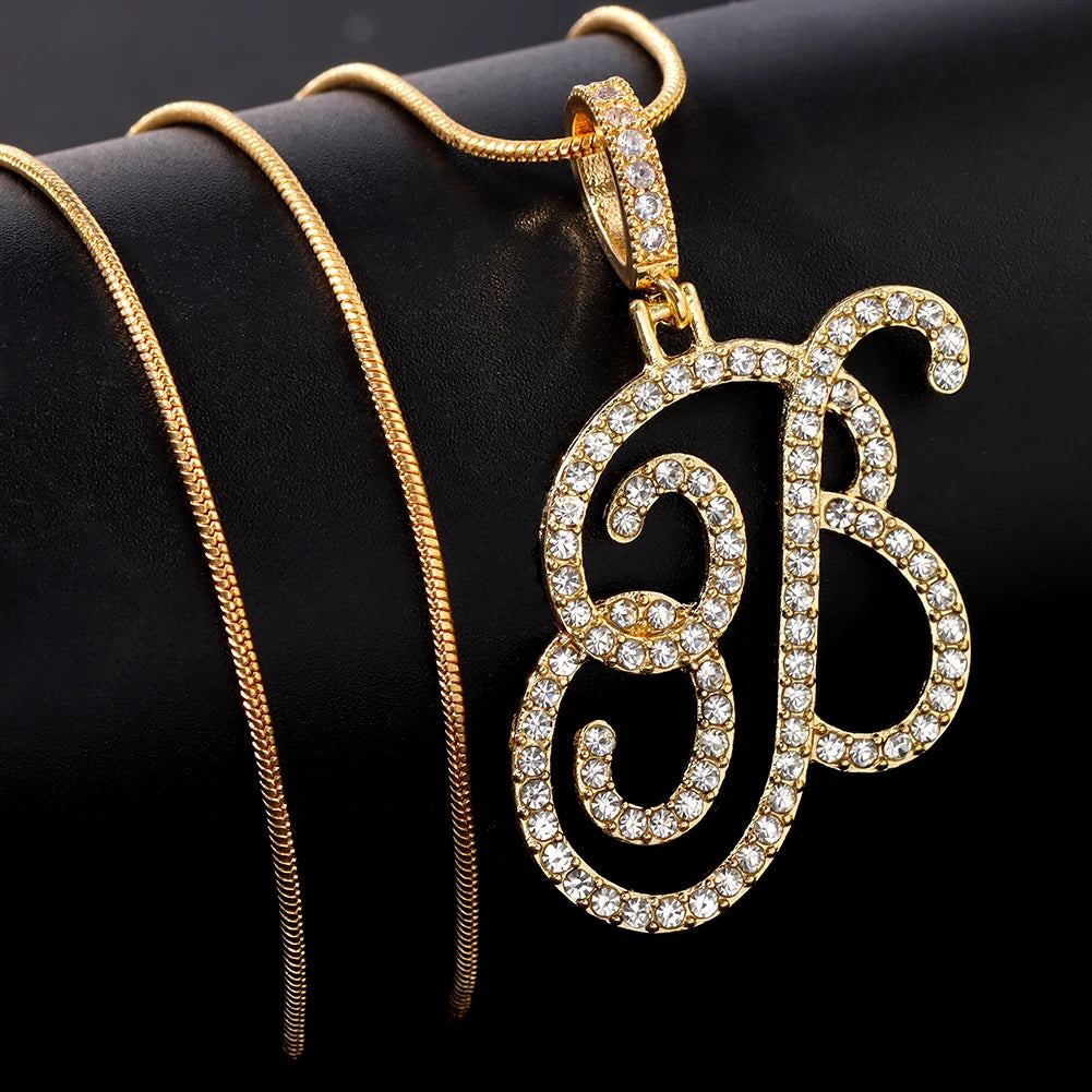 Hot A-Z Initial Cursive Letters Pendant Necklace for Women Gold Silver Color Shiny Rhinestone Metal Chain Necklace Jewelry Gift