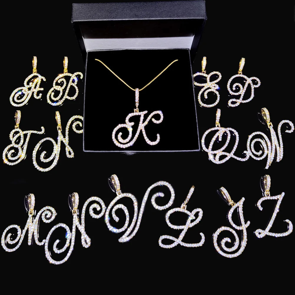Hot A-Z Initial Cursive Letters Pendant Necklace for Women Gold Silver Color Shiny Rhinestone Metal Chain Necklace Jewelry Gift