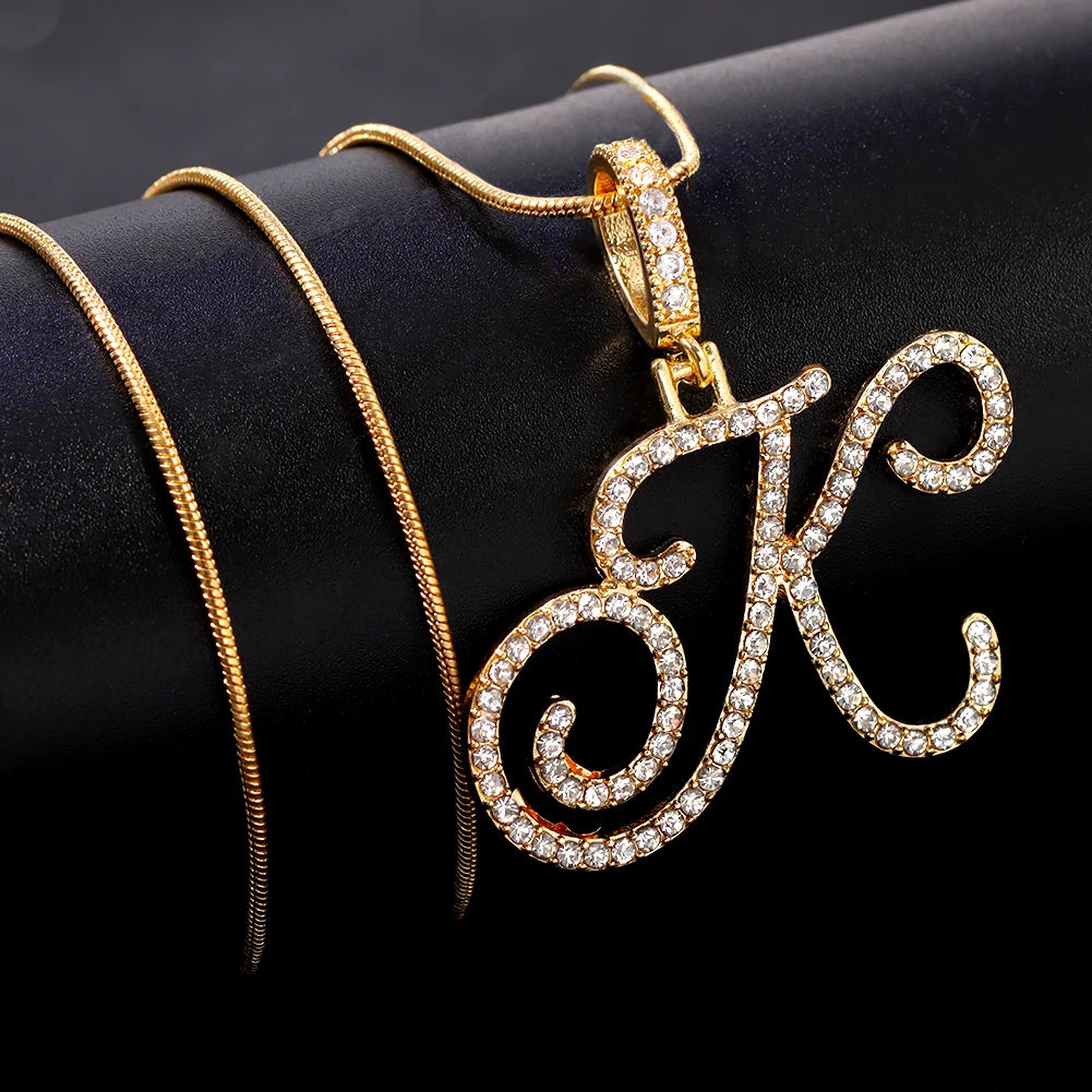 Hot A-Z Initial Cursive Letters Pendant Necklace for Women Gold Silver Color Shiny Rhinestone Metal Chain Necklace Jewelry Gift