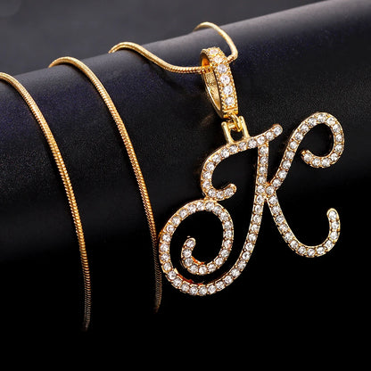 Hot A-Z Initial Cursive Letters Pendant Necklace for Women Gold Silver Color Shiny Rhinestone Metal Chain Necklace Jewelry Gift