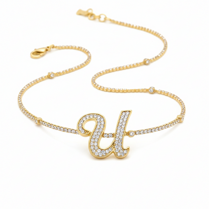 Hot A-Z Initial Cursive Letters Pendant Necklace for Women Gold Silver Color Shiny Rhinestone Metal Chain Necklace Jewelry Gift